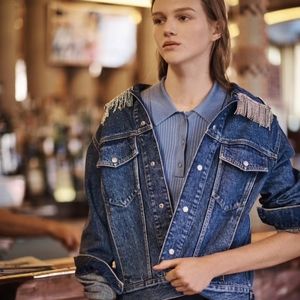 denim jacket with rhinestone sleeve fringe